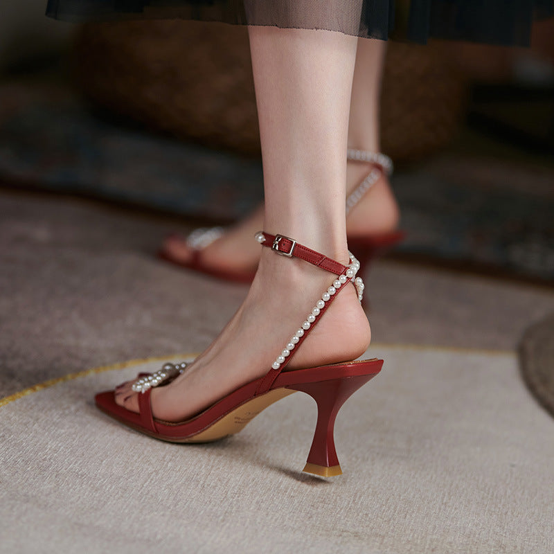 All-leather Stiletto Sandals Women's Square Toe Open-toe High-heeled Buckle Beaded Bow Sandals