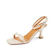 All-leather Stiletto Sandals Women's Square Toe Open-toe High-heeled Buckle Beaded Bow Sandals