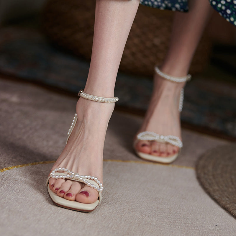 All-leather Stiletto Sandals Women's Square Toe Open-toe High-heeled Buckle Beaded Bow Sandals