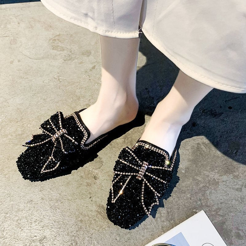 Womens Flats Shoes Mules Slippers Bling Rhinestone Butterfly