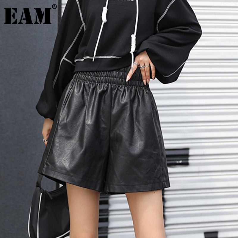 Women's Elastic High Waist Leather Shorts
