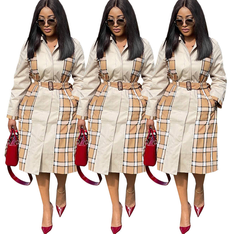 Fashion Casual Plaid Stitching Coat Trench Coat