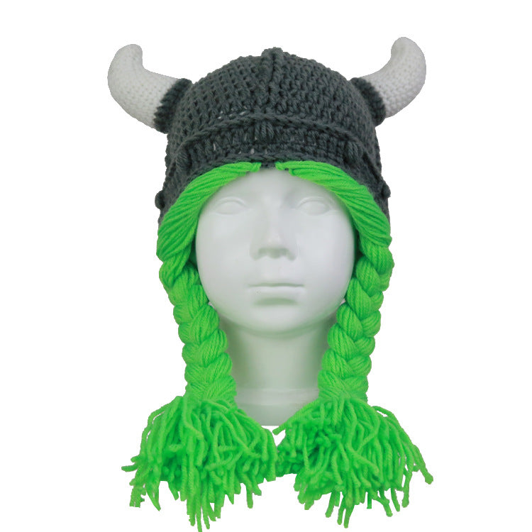 Children's Cute Funny Horn Color Winter Knitting Wig Braid Wool Children Hat