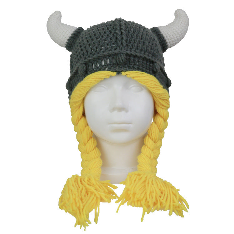 Children's Cute Funny Horn Color Winter Knitting Wig Braid Wool Children Hat
