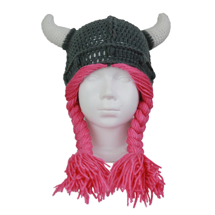 Children's Cute Funny Horn Color Winter Knitting Wig Braid Wool Children Hat