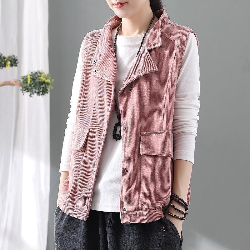 Double-layer Corduroy Cardigan Vest Women's Coat Waistcoat Lapel Top Retro