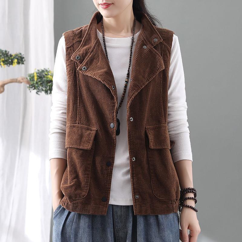 Double-layer Corduroy Cardigan Vest Women's Coat Waistcoat Lapel Top Retro