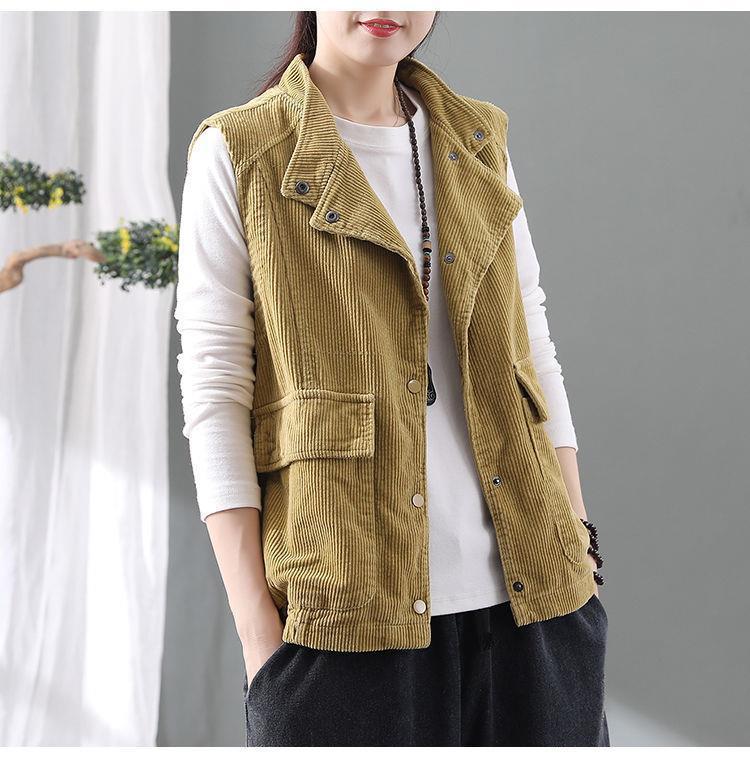 Double-layer Corduroy Cardigan Vest Women's Coat Waistcoat Lapel Top Retro