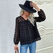 Long Sleeve V-neck Black Chiffon Shirt Fur Ball Jacquard Pullover Top