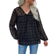 Long Sleeve V-neck Black Chiffon Shirt Fur Ball Jacquard Pullover Top