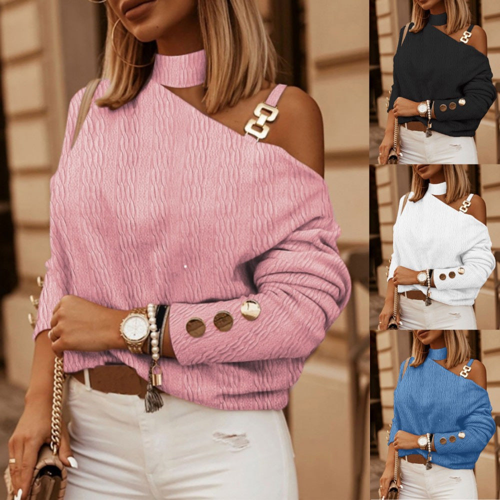 New Fashion Sexy Chain Fastener Decoration Long Sleeve Shirt Women