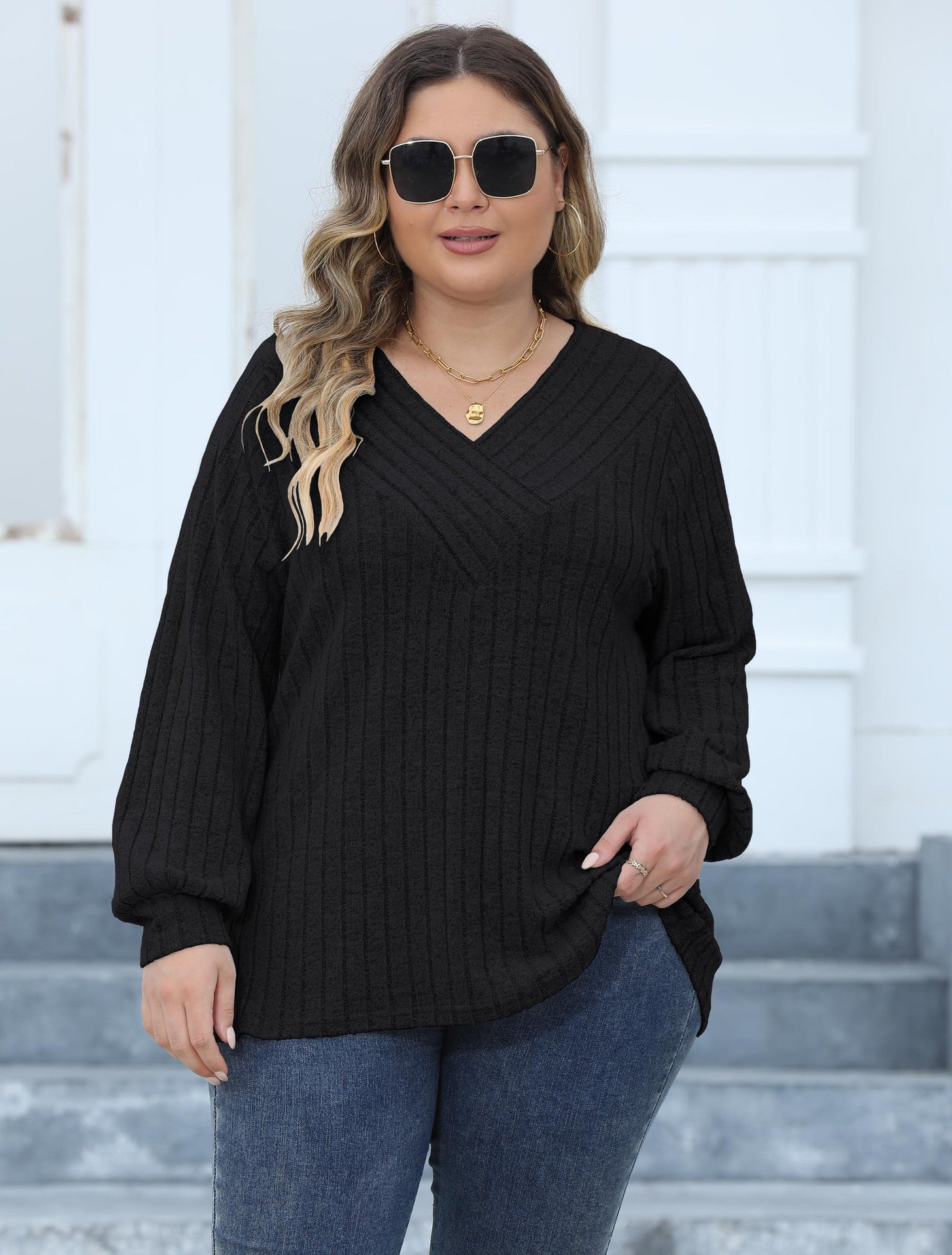Pit Striped V-neck Cross Bottoming Shirt Long-sleeved Top For Women