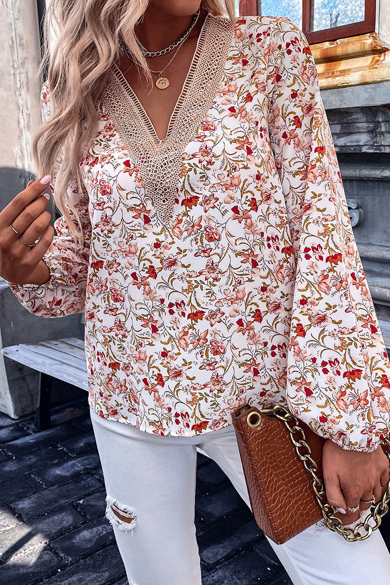 Loose Lace V-neck Chiffon Shirt For Women New Floral Printed Long-sleeved Top Women
