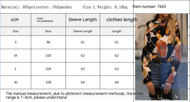 Casual Ruffled Collar Printed Long Sleeve Shirt