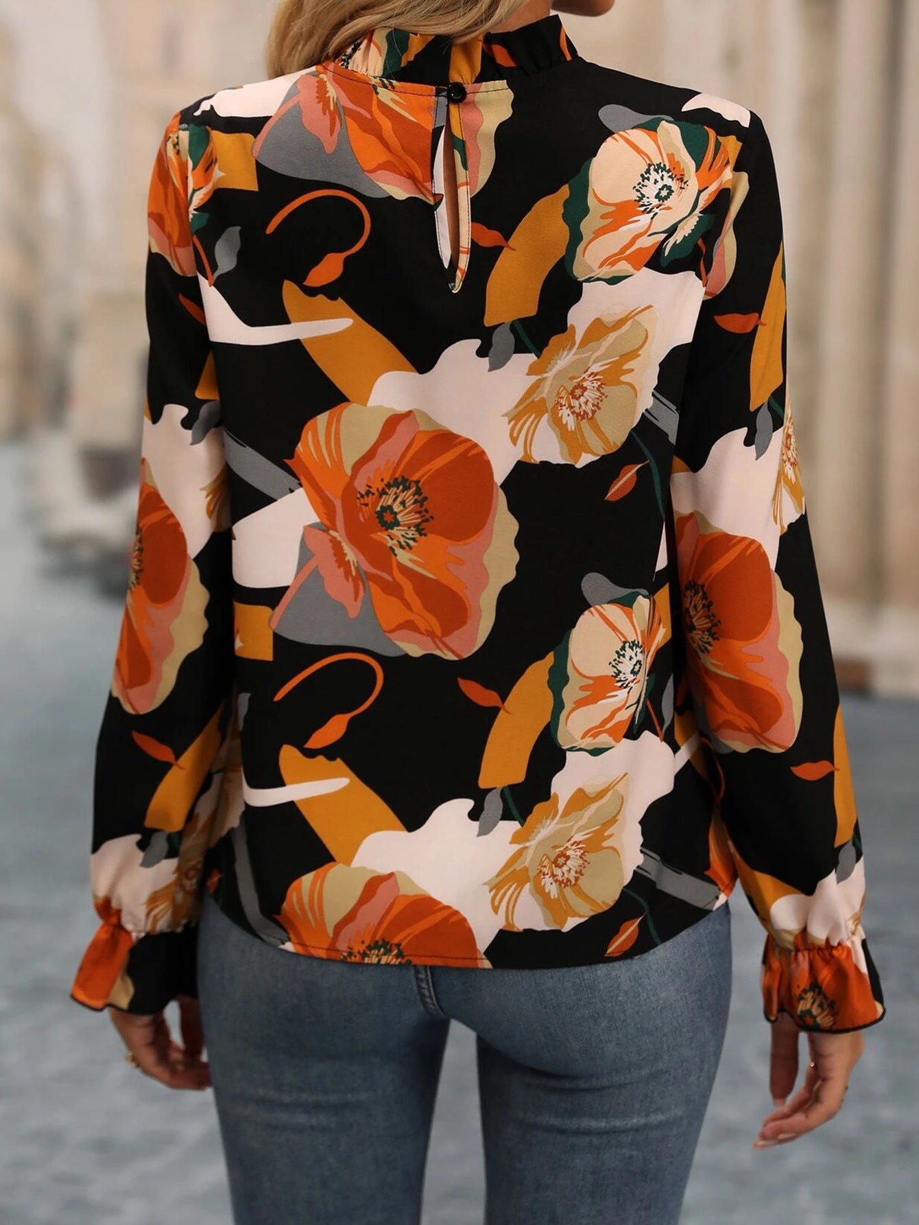 Casual Ruffled Collar Printed Long Sleeve Shirt