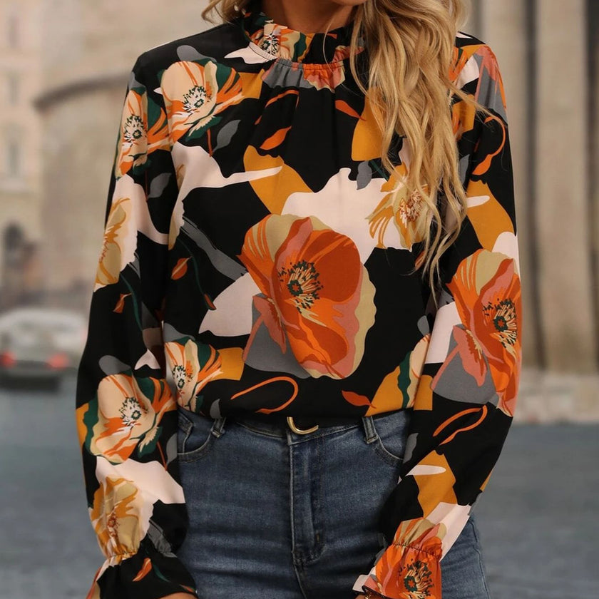 Casual Ruffled Collar Printed Long Sleeve Shirt
