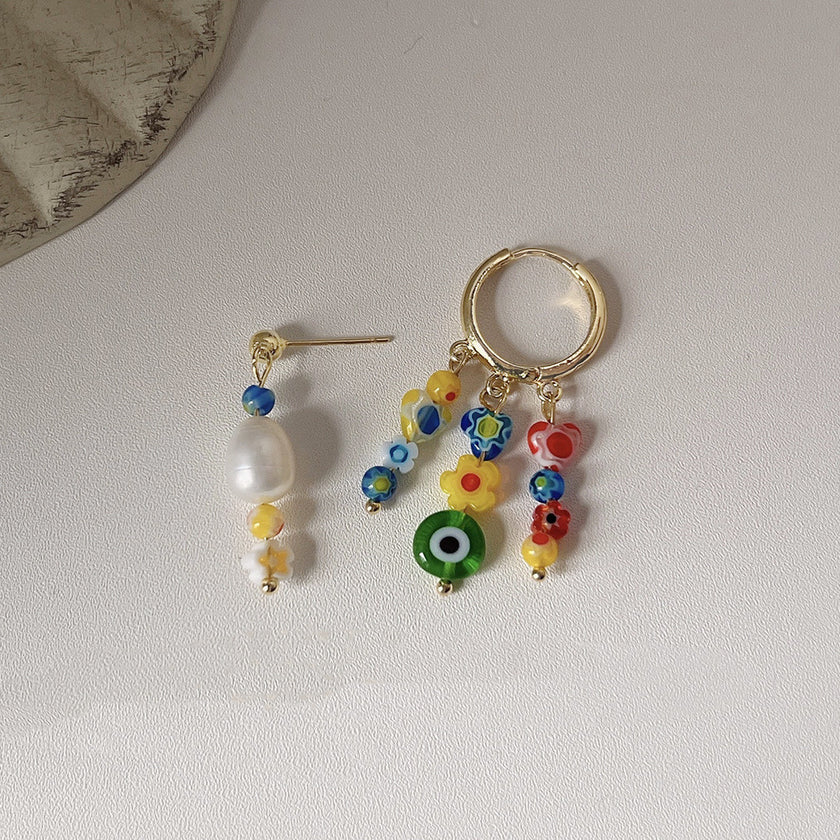 Women's Fashionable Asymmetric Design Glass Floral Colored Glaze Ear Clip