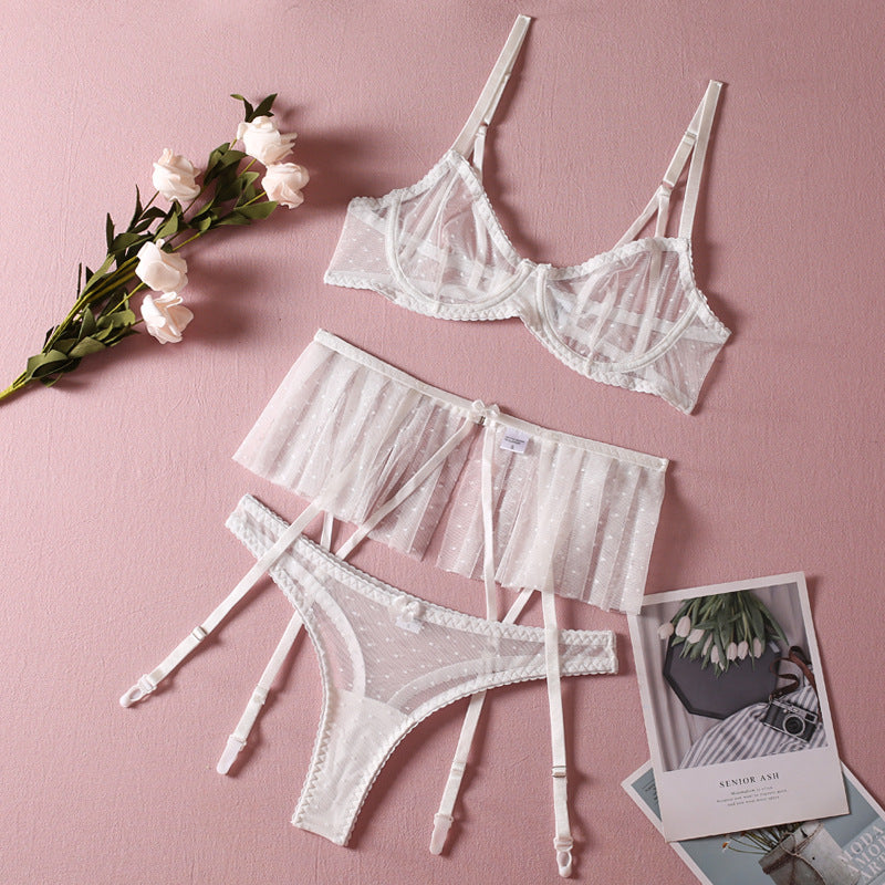 White Lace Light And Small Skirt Steel Ring Underwear Three-piece Set