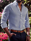 Ins Stripe Printed Long Sleeve Shirt Men Fashion Casual Lapel Button Top Clothing