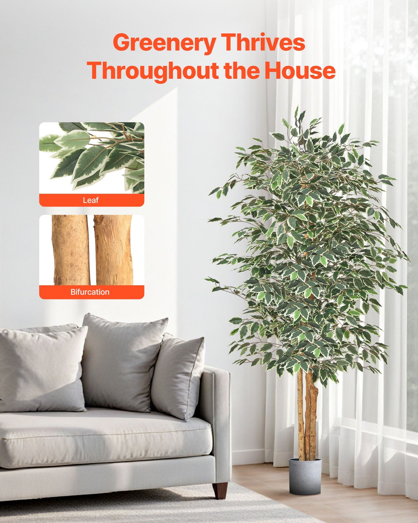 6FT Artificial Ficus Tree Tall Faux Plant With Black Pot For Indoor Decor