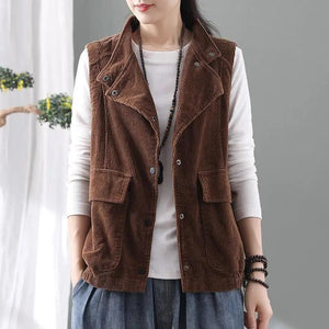 Double-layer Corduroy Cardigan Vest Women's Coat Waistcoat Lapel Top Retro