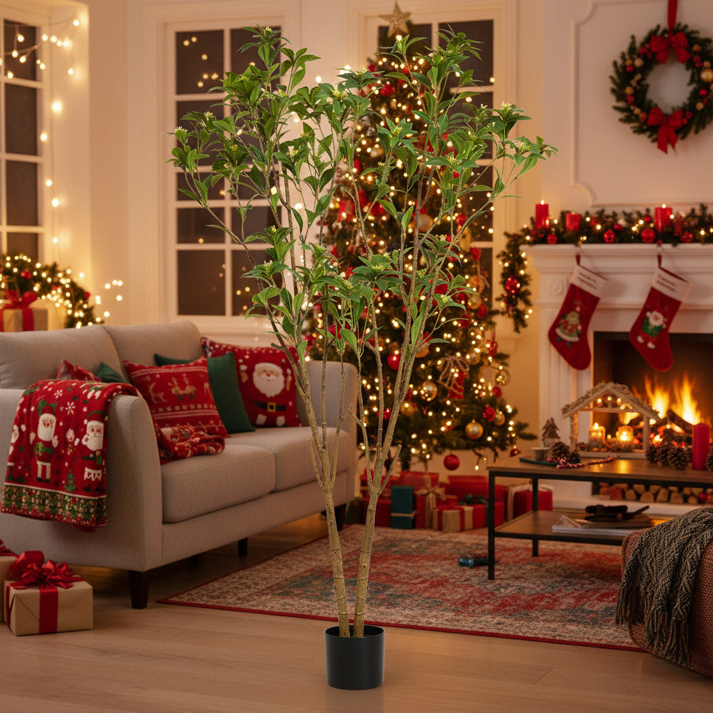 5.2FT Artificial Tree Natural Look Citrus Faux Tree Artificial Floor Plant W Leaves & Flowers For Home Office Patio Decor