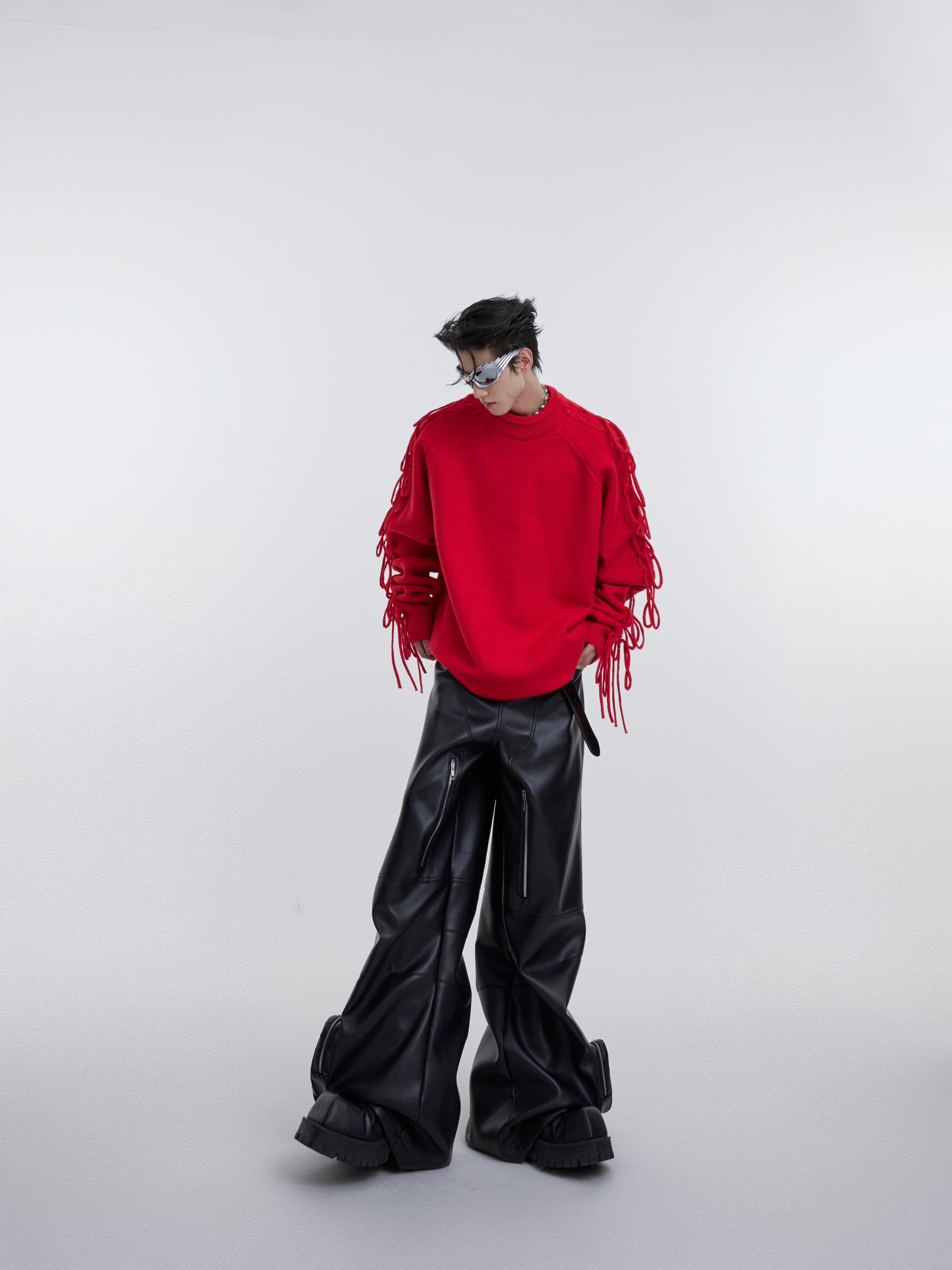 Deconstructed Fringe Design Crease Crease Neck Knit Sweater