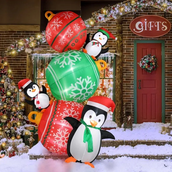 8.9 FT Lighted Christmas Inflatable Decoration, Inflatable Christmas Balls And Penguins, Funny Blow Up Yard Decorations With Built-in LED Lights For Holiday Party Front Yard Lawn Garden Decor