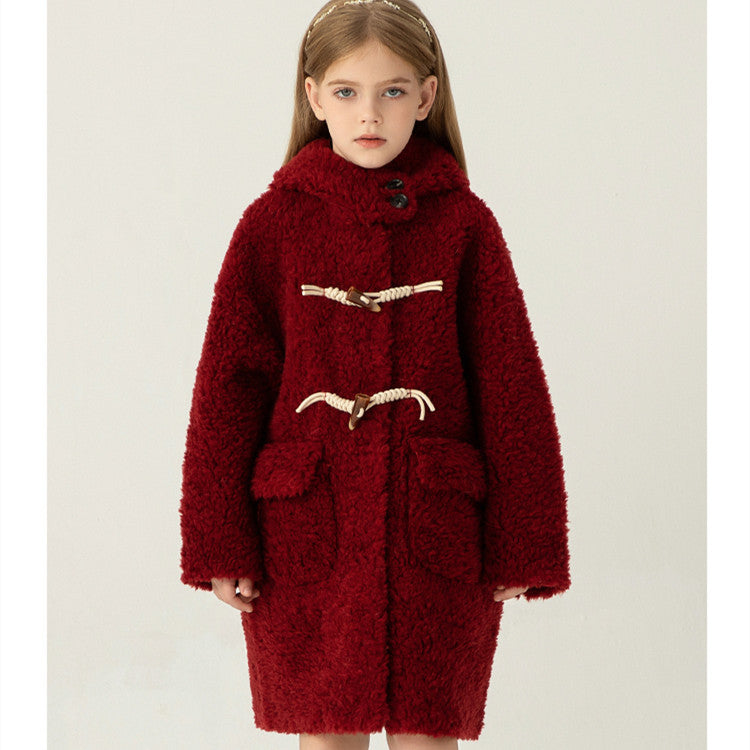 Girls' Simple Solid Color Tiglado Wool Coat