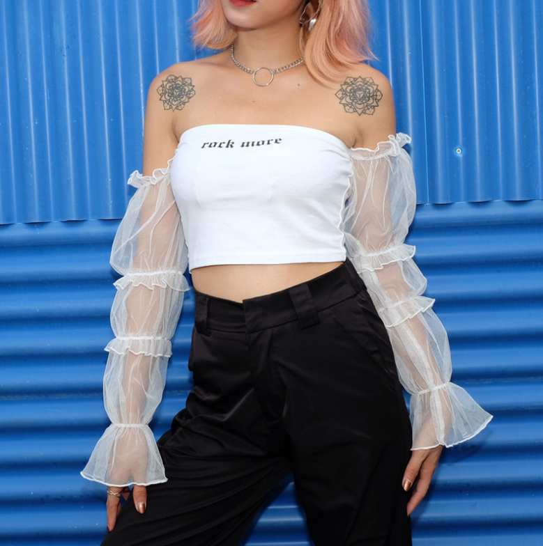 new sexy word shoulder tube top mesh long-sleeved umbilical shirt women
