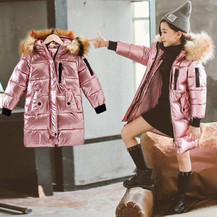 Children's bronzing shiny large fur collar cotton coat