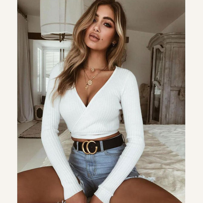 Ladies Summer Slim Crop Tops Long Sleeve T Shirt Casual Solid V Neck Knitted Short Tops