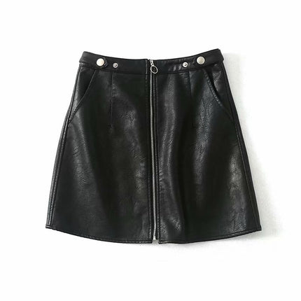 High Waist Slim Zipper PU Leather Skirt Short Skirt A-Line Skirt