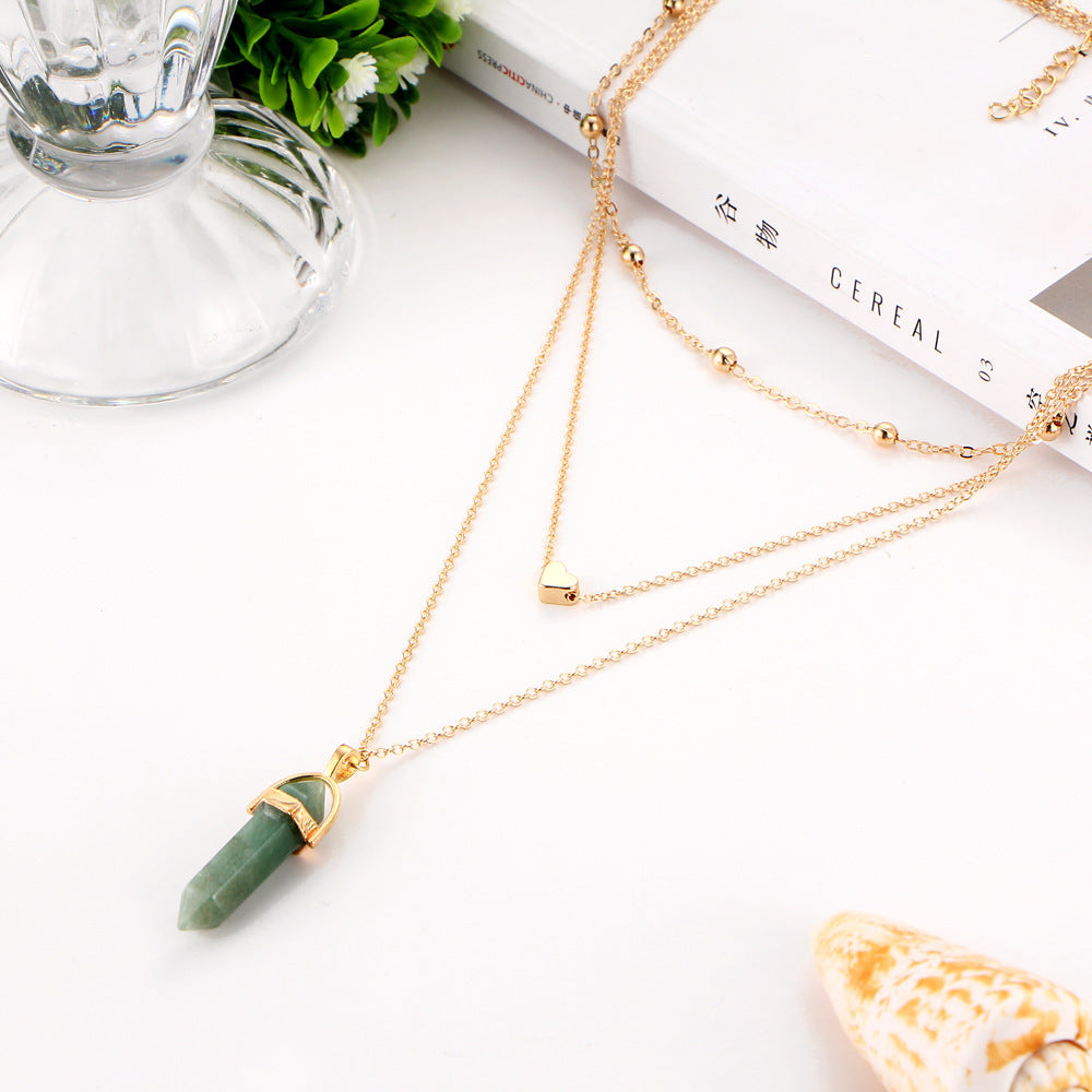 Fashion Copper Peach Heart Crystal Pendant Multi-layer Necklace