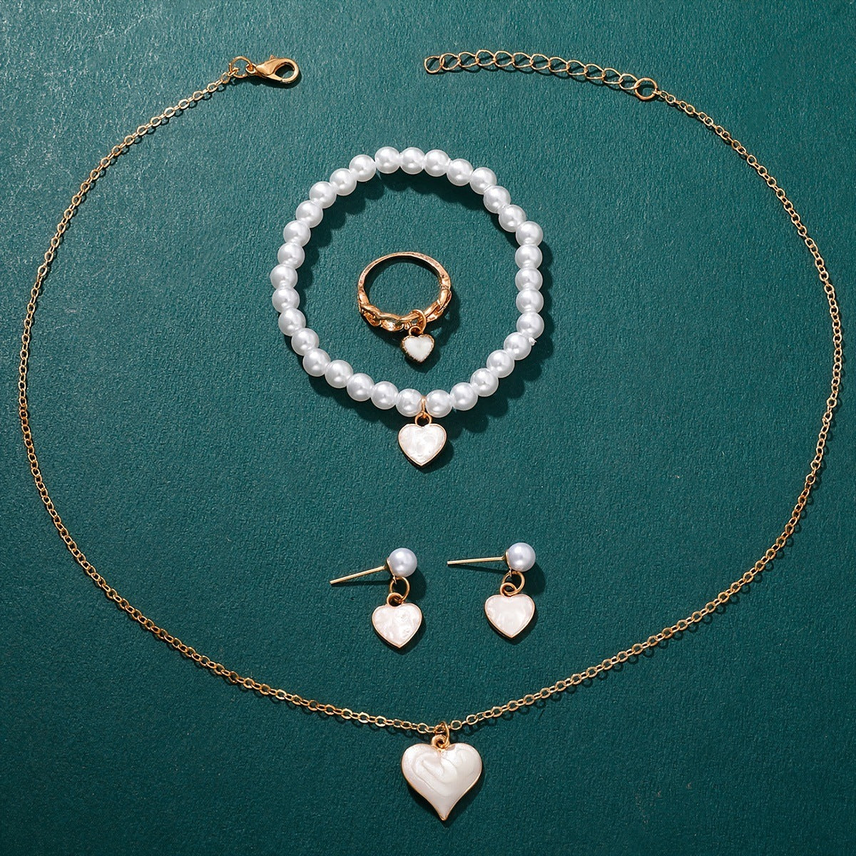 Girls Jewelry Cute All-match Oil Drop Heart Necklace Earrings Ring Bracelet Four-piece Set