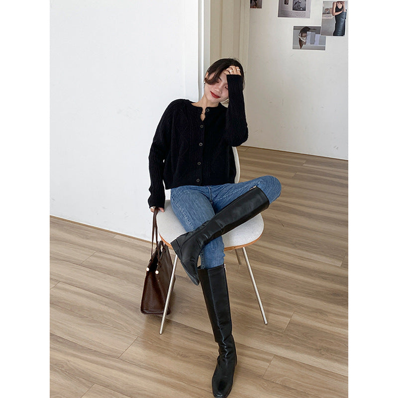 Vintage Short Wool Knitted Cashmere Cardigan For Women