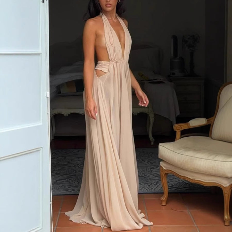 Summer Deep V-neck Long Evening Pleated Halter Backless Dress Women