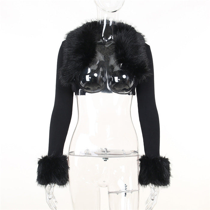 Fashion Fur Collar Knitted Short Cardigan Coat For Women