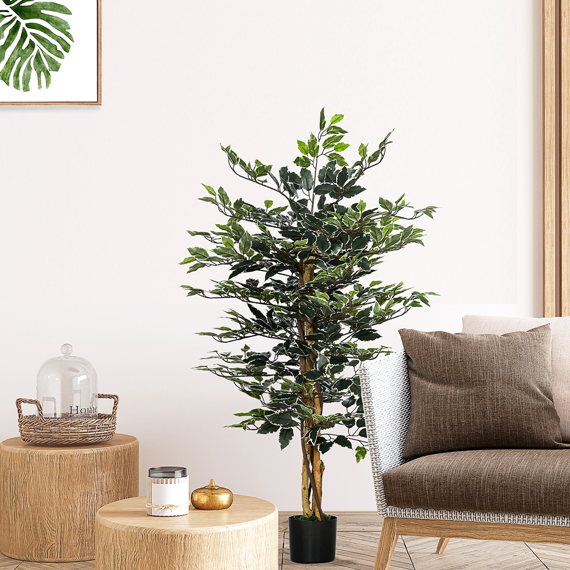 4.5ft Ficus Artificial Plant With Realistic Leaves, Potted Fake Tree For Home Office Indoor Decor, Green