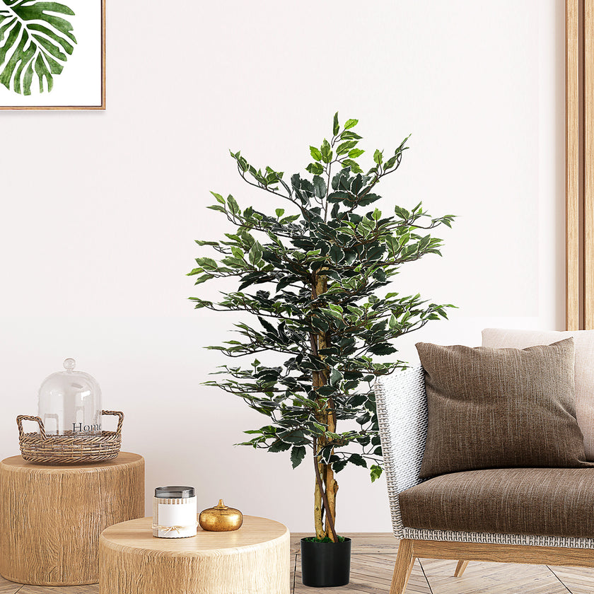 4.5ft Ficus Artificial Plant With Realistic Leaves, Potted Fake Tree For Home Office Indoor Decor, Green
