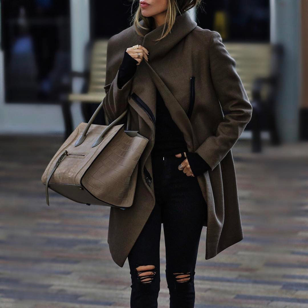 Women Jacket Fashion Solid Color Woolen Coat
