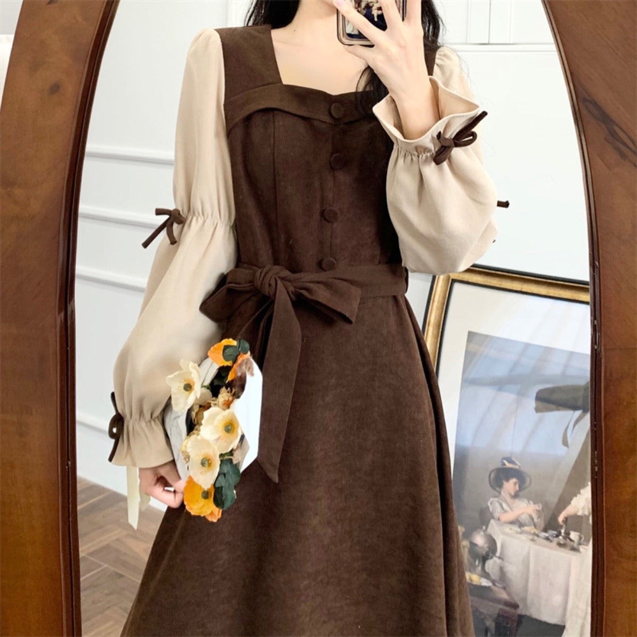 Long Sleeve Dress Women's Lace Up Slimming Elegant