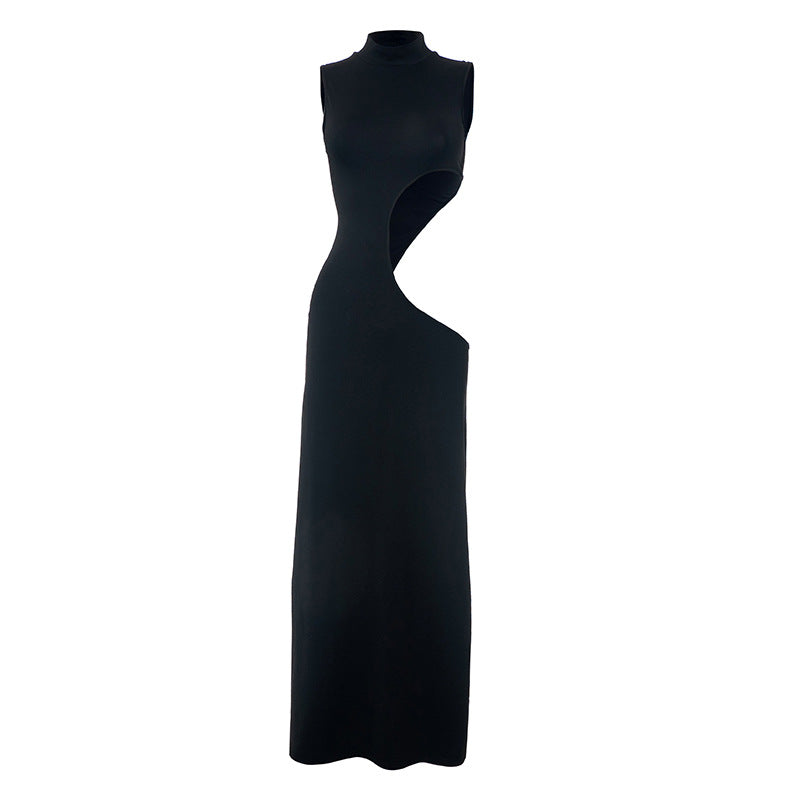 Solid Color Round Neck Sleeveless Hollow-out Hot Girl Dress
