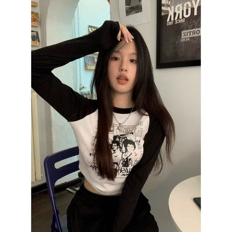 Stitching Contrast Color Cotton Printed Short Top Tight-Fitting Long-Sleeved T-shirt Women Grunge Clothes