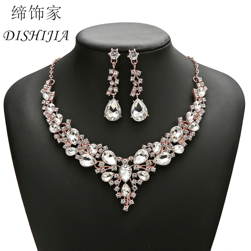 Water Drop Women's Alloy Bridal Necklace Two-piece Earrings Set