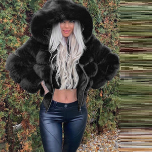Women's Fashion Long Sleeve Solid Color Faux Fur Jacket Hooded Coat
