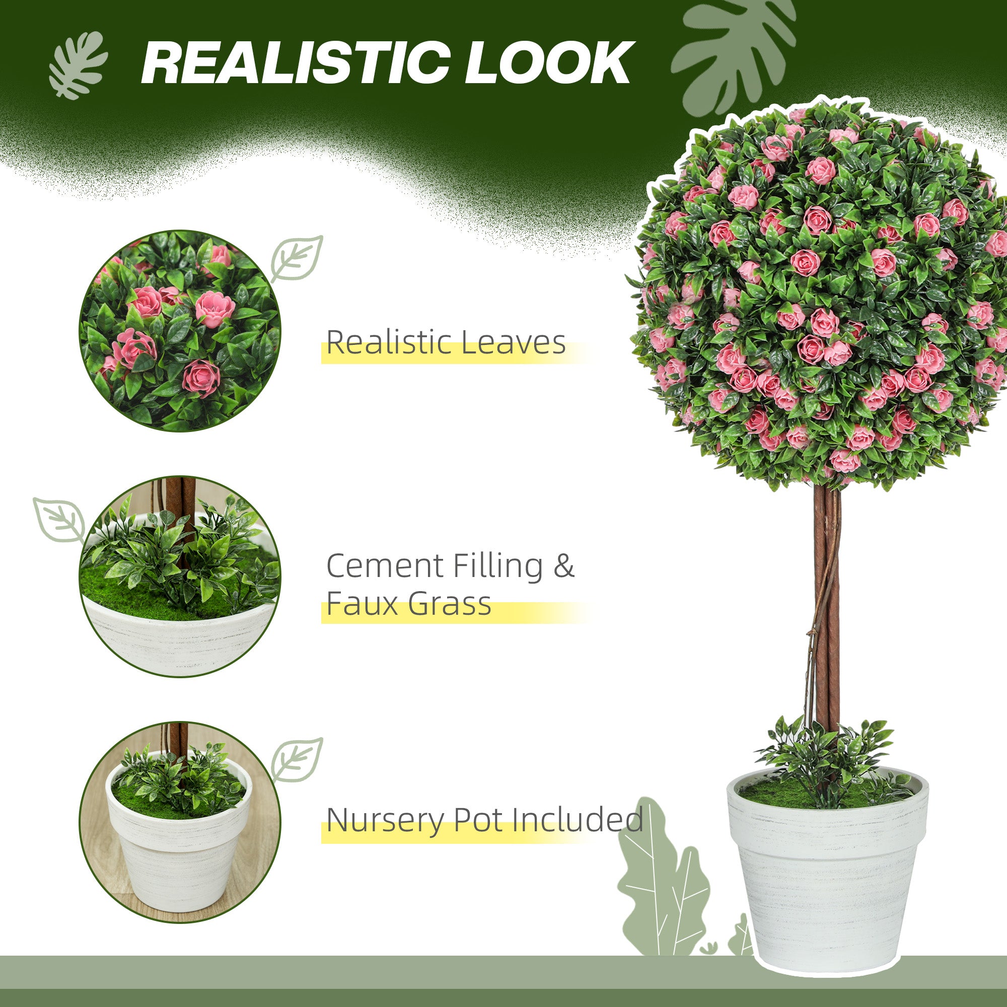 Set Of 2 Decorative Artificial Plants, Ball Topiary Tree With Rose Flower In Pot, Fake Plants For Home Indoor Outdoor Decor, 60cm, Pink