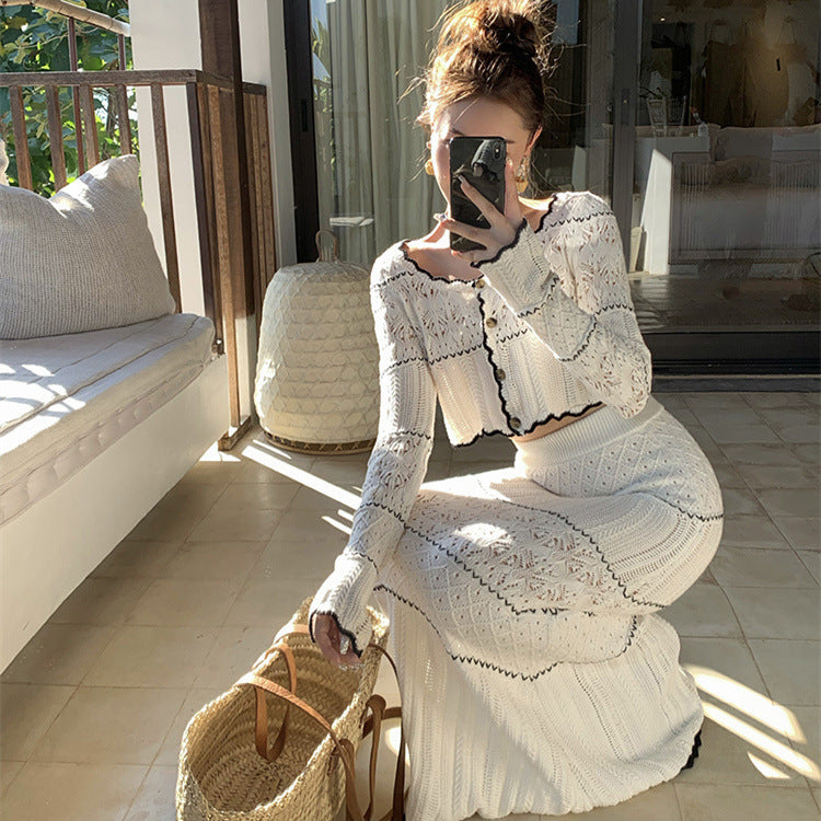 Openwork Knitted Top Skirt Two-piece Set