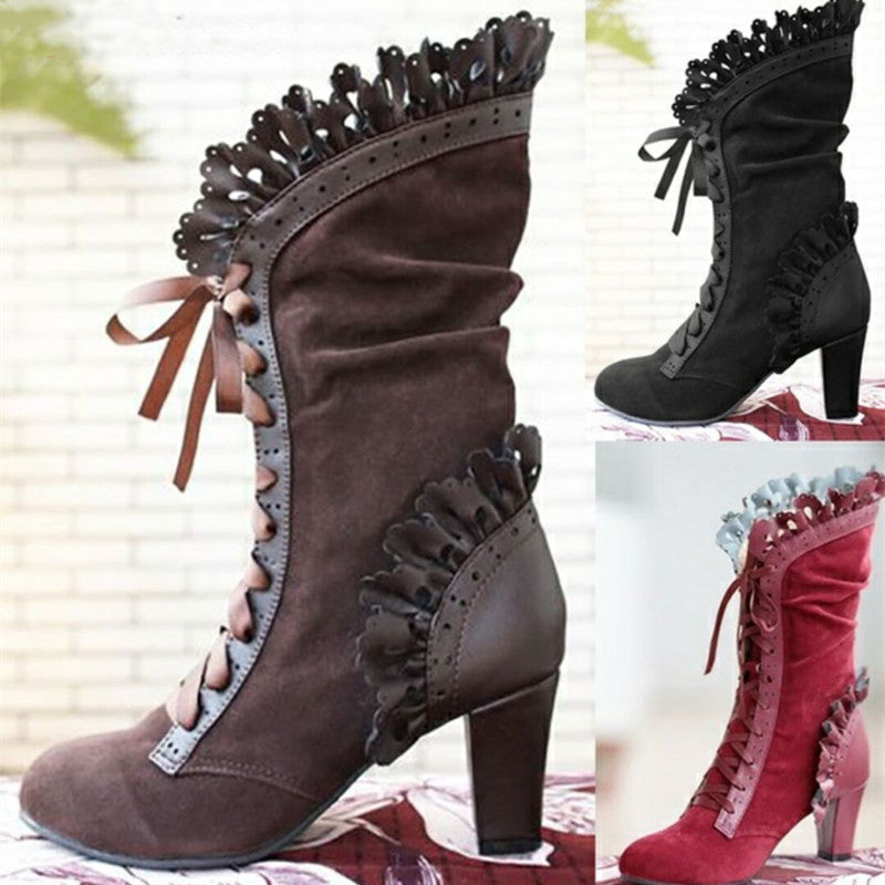 Lace-Up Combat Boot Women Ruffle Design Ethnic Shoes