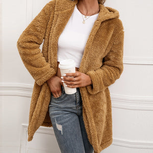 Lamb Wool Mid-length Cardigan Hooded Trench Coat